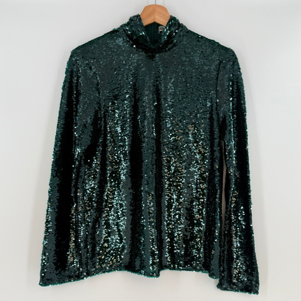 Zara Longsleeve Mockneck Sequin Top Emerald Size XS